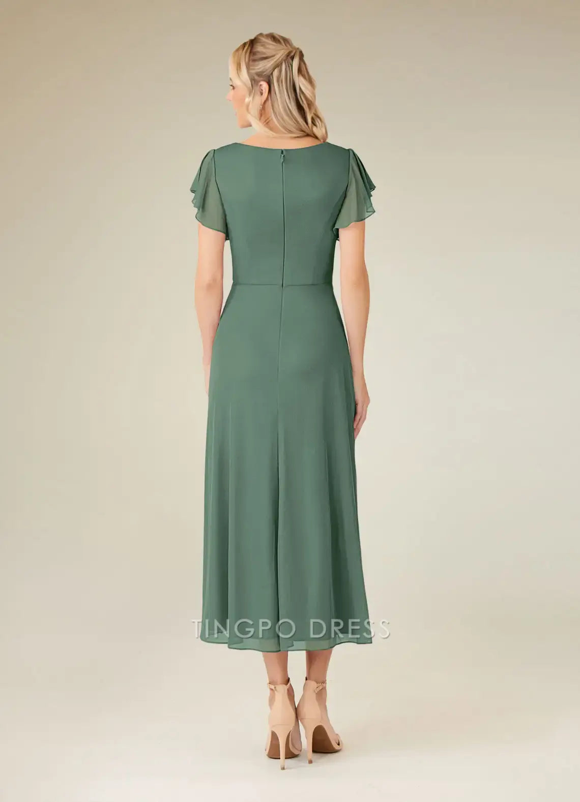 TingPo Wholesale Elegant Eucalyptus A-Line V-Neck Pleated Mesh Dress